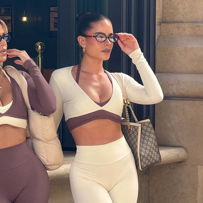 Three-Piece Capri Activewear Set - V-Neck Top and Halter Bra