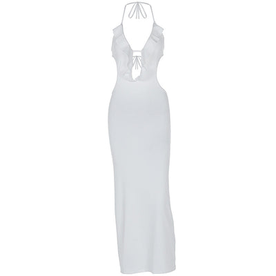 Women's Ruffled V Neck Halter Maxi Dress - Slim Fit Sling - Fashions Envy
