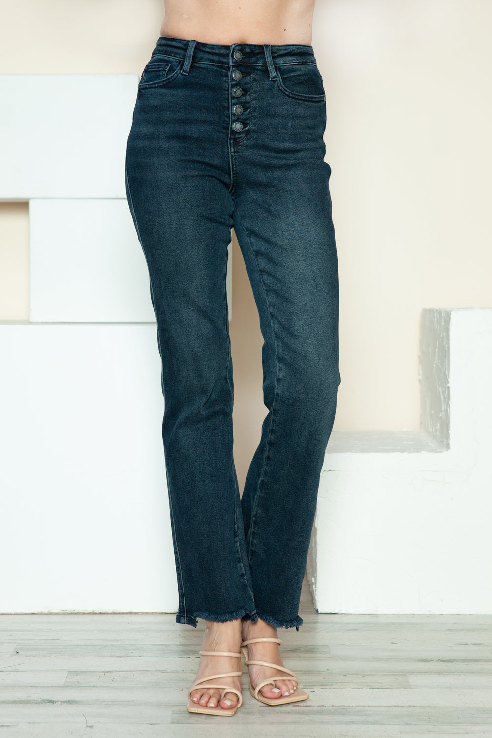 Judy Blue Full Size Button Fly Hem Destroy Straight Jeans - Fashions Envy