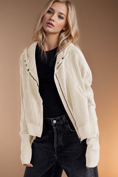 Double Take Waffle-Knit Zip Up Long Sleeve Hooded Jacket - Fashions Envy