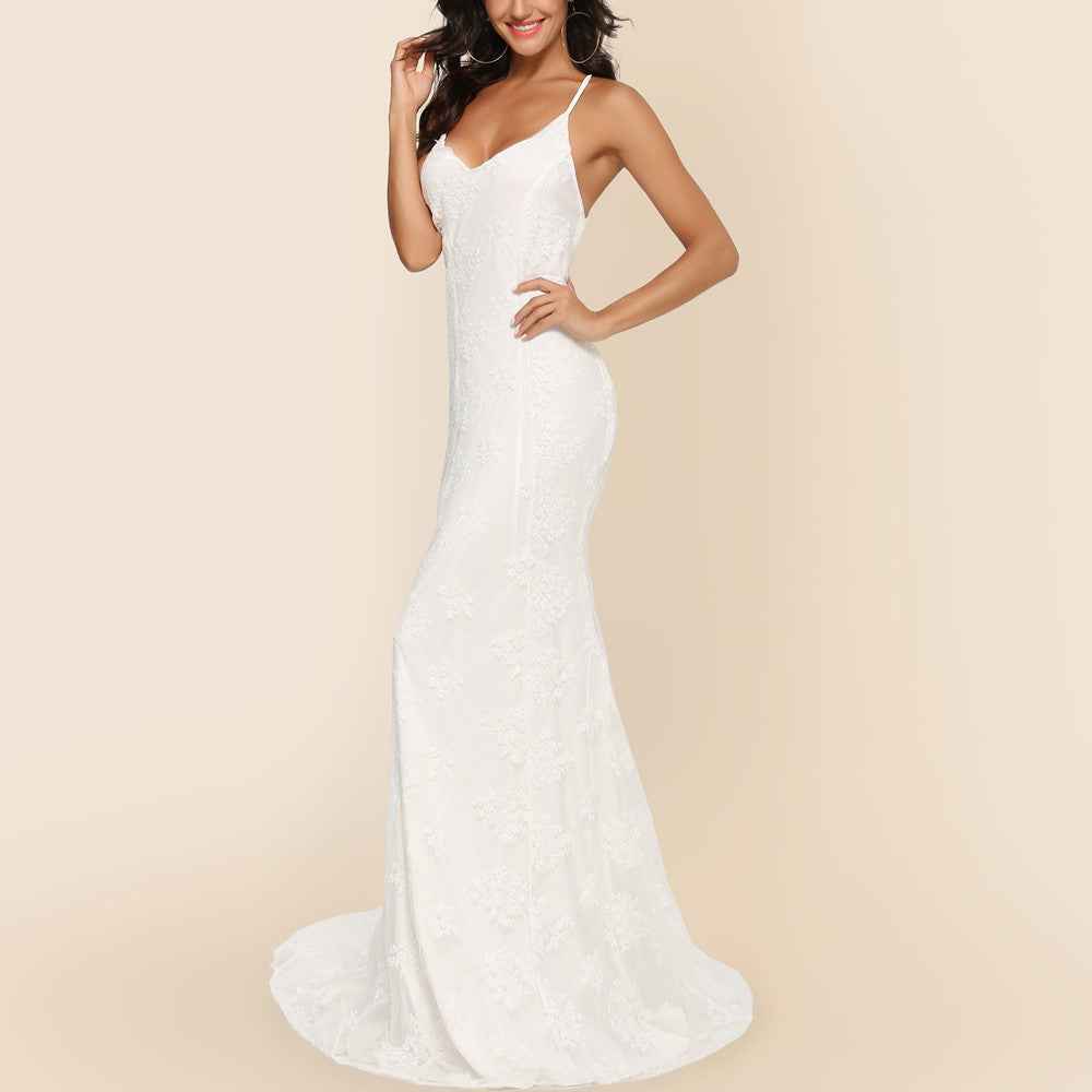 V-Neck Wedding Dress - Elegant Trailing Bridal Gown - Fashions Envy