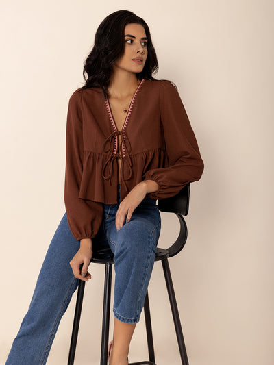 Brown Peplum Tied V-Neck Long Sleeve Blouse