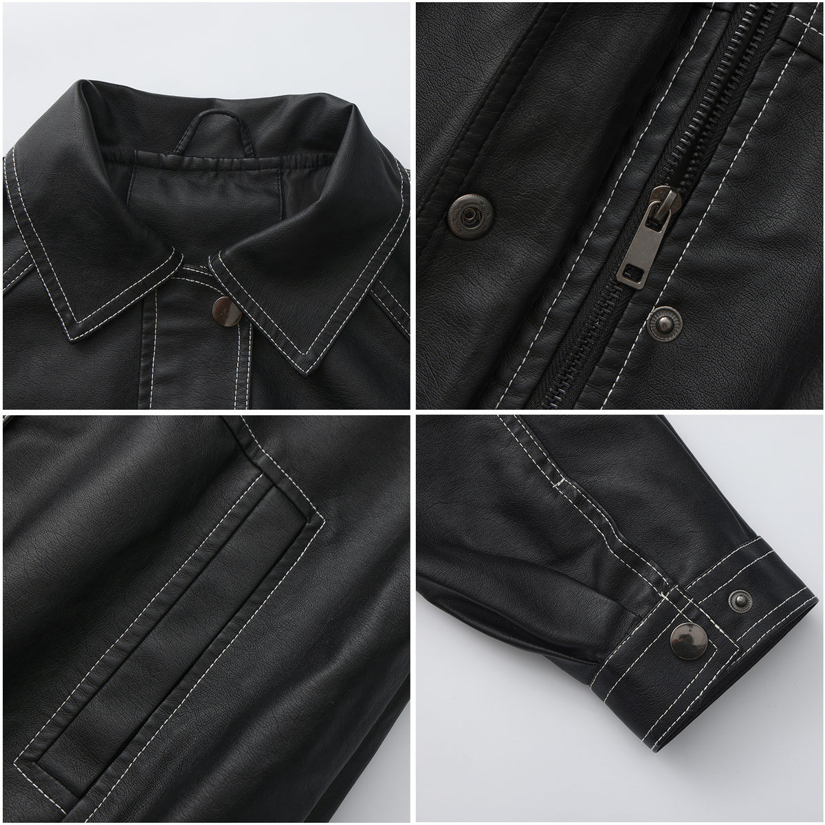 Black faux leather jacket close-up with stand collar, contrast stitching, zipper and pocket
