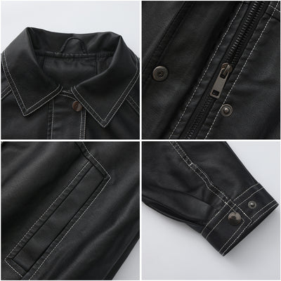 Black faux leather jacket close-up with stand collar, contrast stitching, zipper and pocket