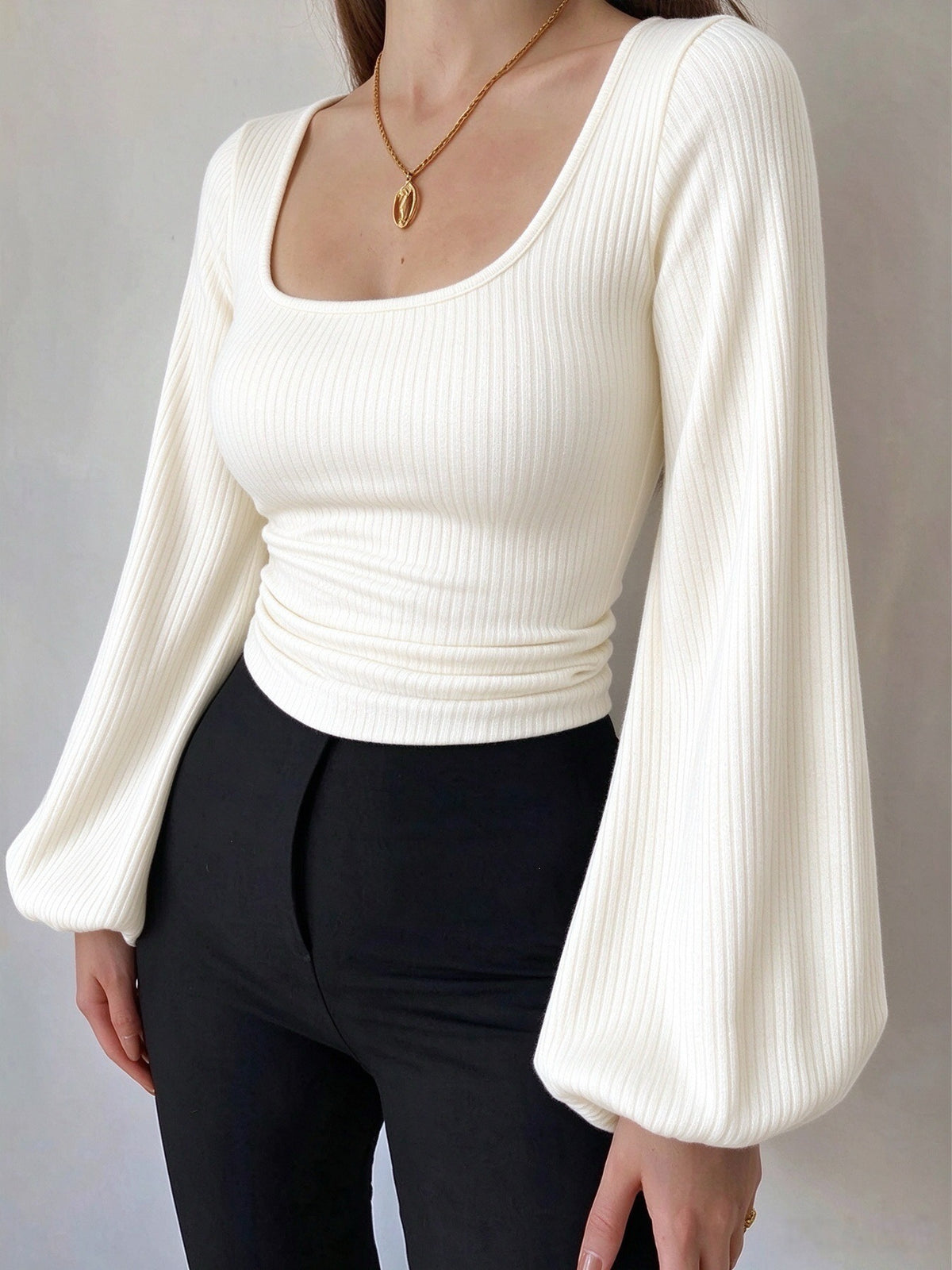 White ribbed knit square-neck slim-fit top with long lantern sleeves