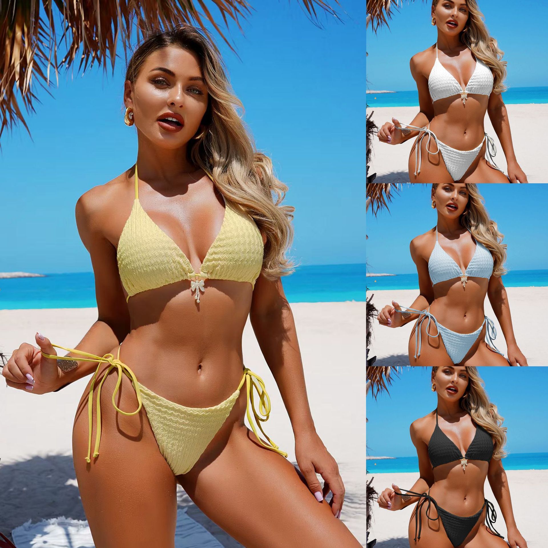 Solid Color Gathered String Brazilian Bikini Swimsuit