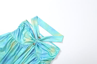 Light blue gradient off-shoulder top with ruching and long tie straps