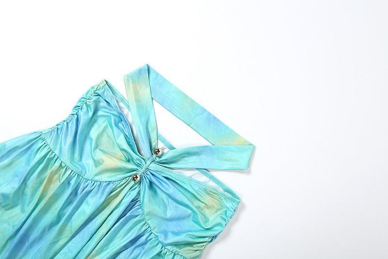 Light blue gradient off-shoulder top with ruching and long tie straps