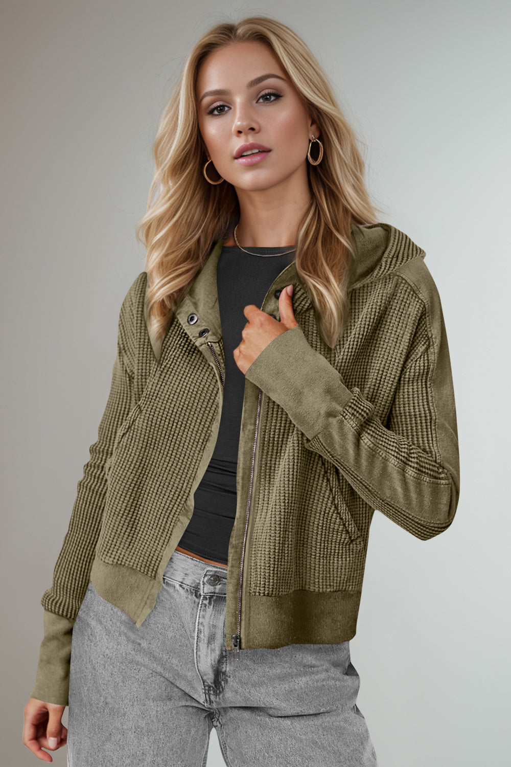 Double Take Waffle-Knit Zip Up Long Sleeve Hooded Jacket - Fashions Envy