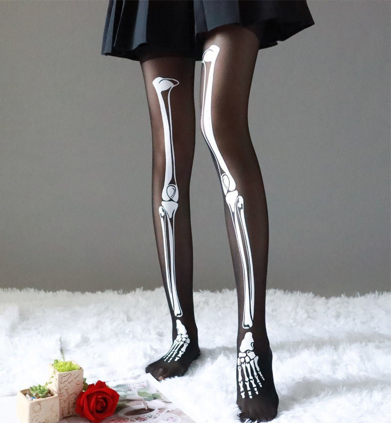 Black Skeleton Pantyhose - Full Leg Bone Print