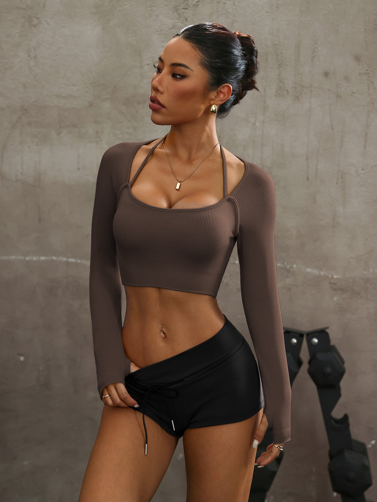 Long Sleeve Workout Crop Top - Halter And Thumbholes