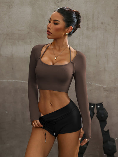 Long Sleeve Workout Crop Top - Halter And Thumbholes