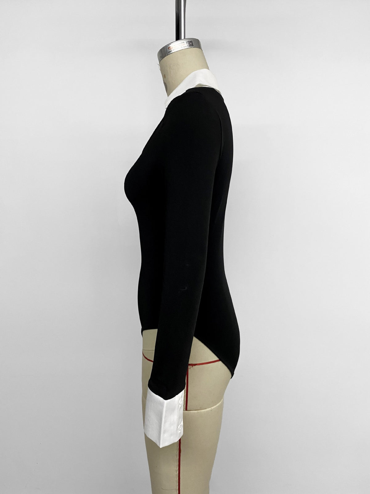 Black Long Sleeve Bodysuit - White Contrast Collar Cuff V-Neck