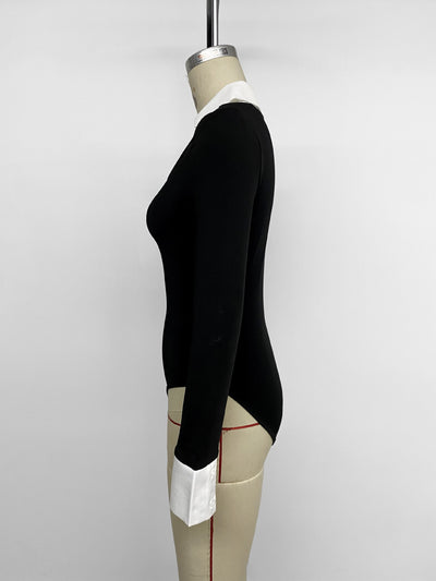 Black Long Sleeve Bodysuit - White Contrast Collar Cuff V-Neck