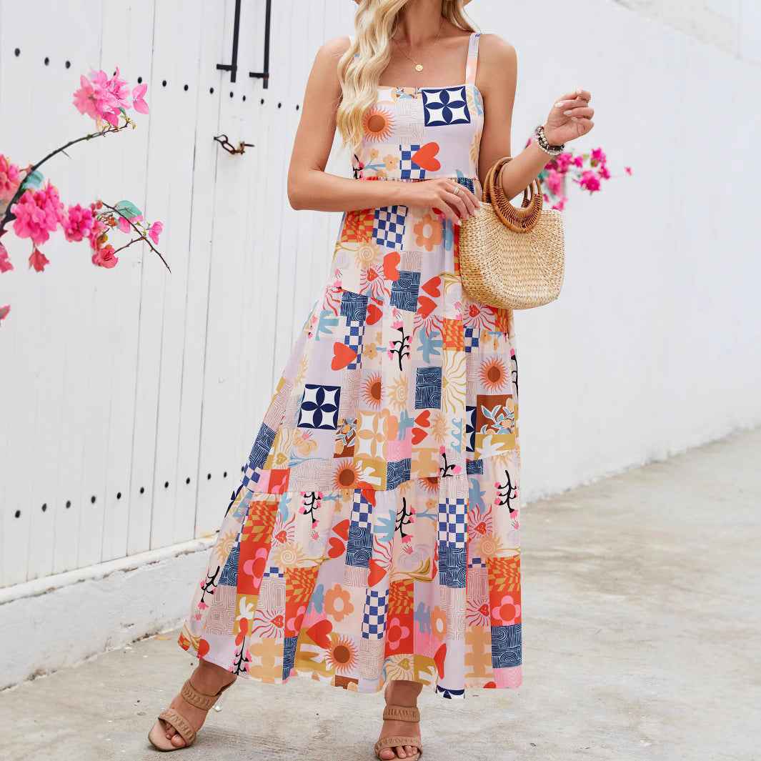 Floral Print Bohemian Maxi Dress - Square Neck Beach Vacation