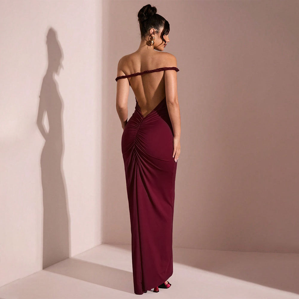 Burgundy Mermaid Maxi Dress - Off Shoulder Ruched Open Back