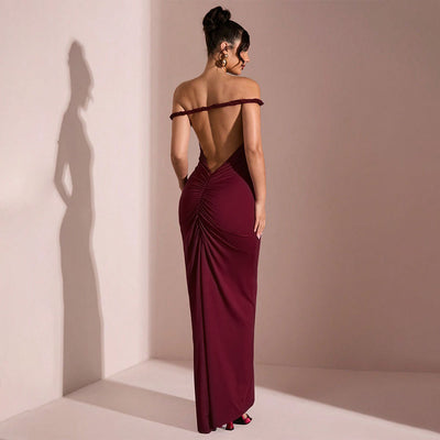 Burgundy Mermaid Maxi Dress - Off Shoulder Ruched Open Back