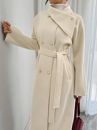 Double-Breasted Long Coat - Waist Tie & Wide Lapels