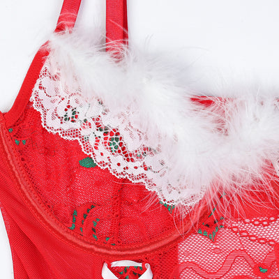 Red lace bra with white lace detailing and fluffy feather trim