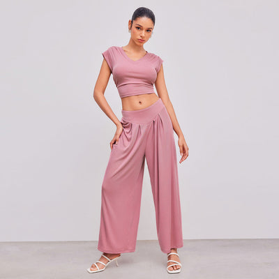 Pink V-Neck Crop Top Wide Leg Pants Set - Pleated Shoulder