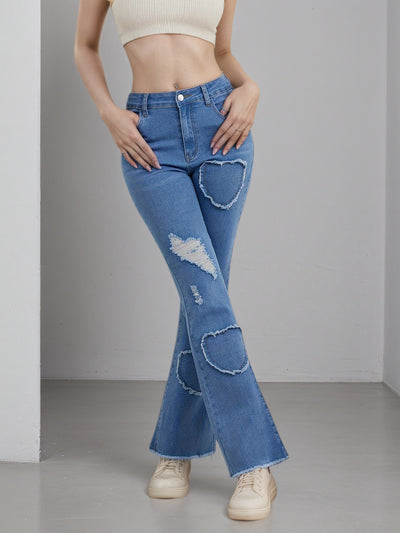 Heart Embroidery Flare Jeans 2025 - High Stretch Bell Bottoms - Fashions Envy