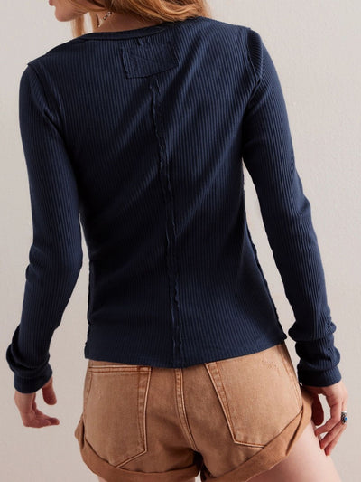 Ribbed Button-up Round Neck Long Sleeve Top
