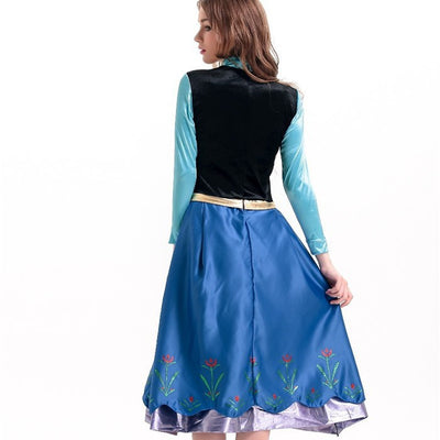 Back view of adult princess-style dress: black bodice, blue skirt, teal sleeves, gold belt