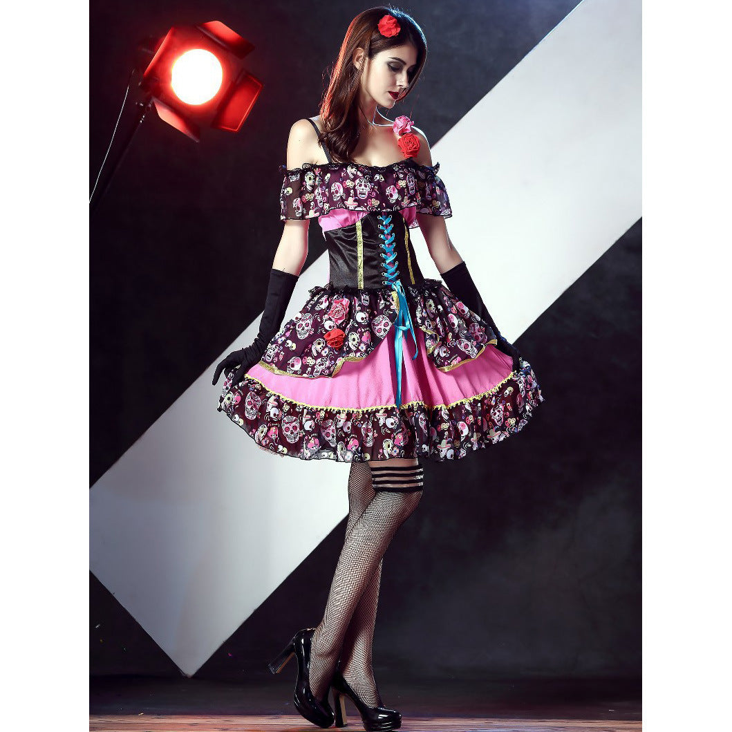 Halloween Sugar Skull Costume - Off-Shoulder Lace-Up Dress