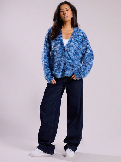Melange Fleece Long Sleeve Cardigan - Vintage Deep V-Neck