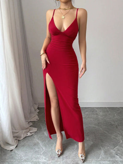 Red Spaghetti Strap Maxi Dress - Deep V Ruched Slit