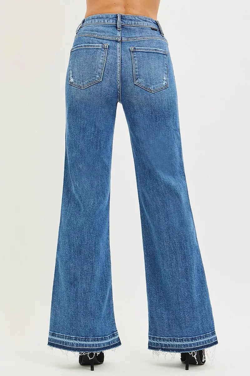 RISEN Wide Leg Jeans - Women's High Rise Released Hem - Fashions Envy