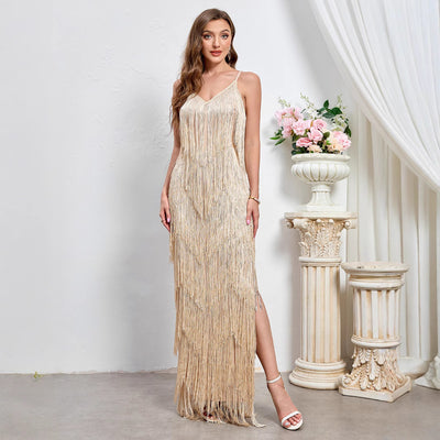 Apricot sleeveless long gown with fringe hem and side slit, V-neck