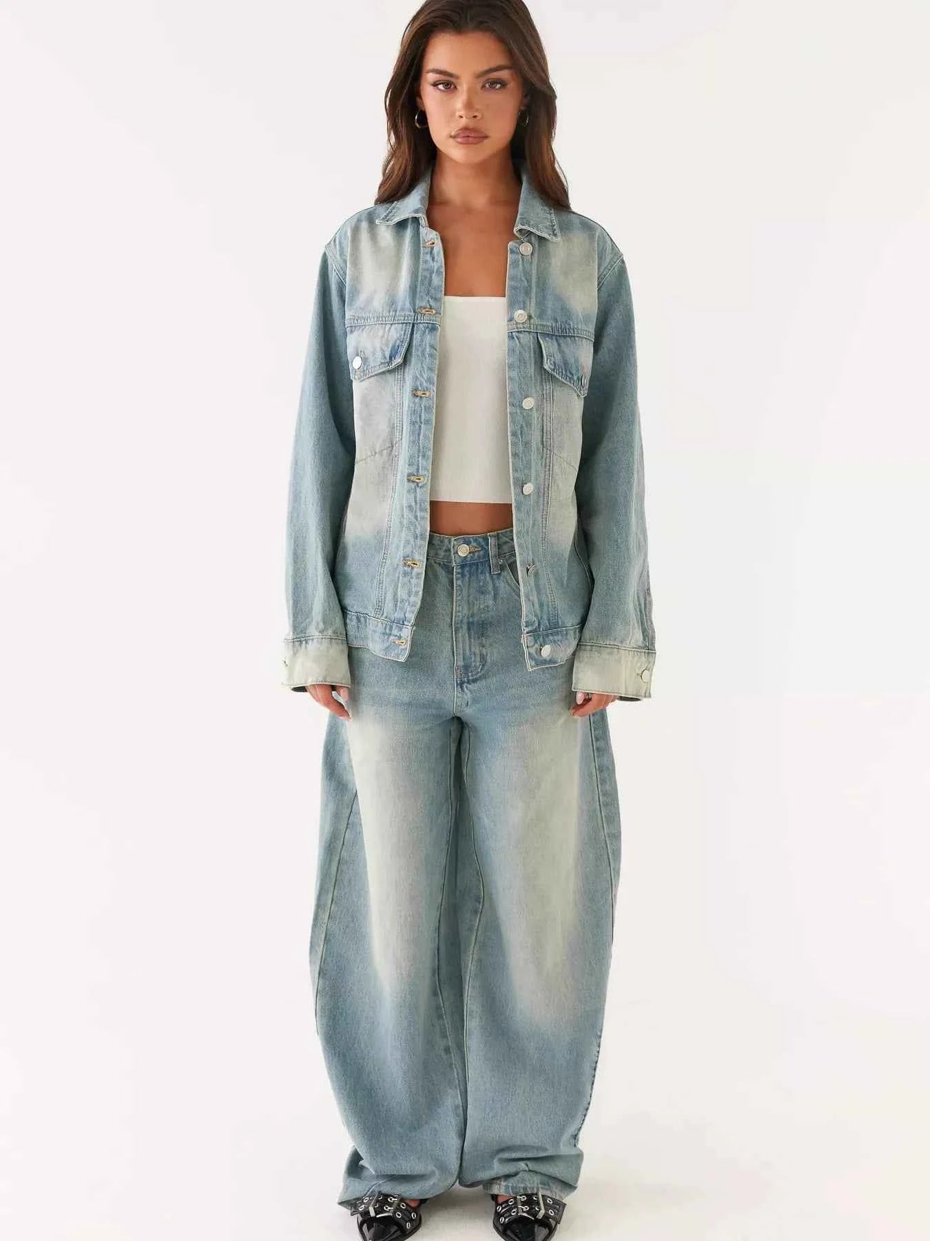 Button Up Denim Jacket and Jeans Set