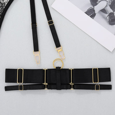 Black lace garter belt with adjustable thigh straps, gold-tone buckles