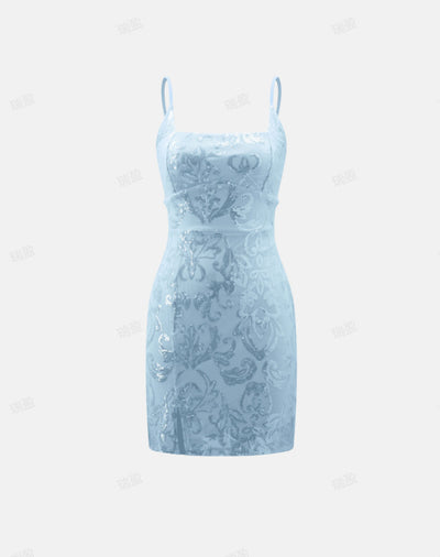Sky blue sequin mini dress with thin straps and lace-up back