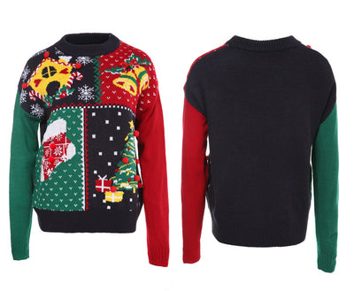 Women's multicolor Christmas knit sweater with crew neck and long sleeves (front/back)