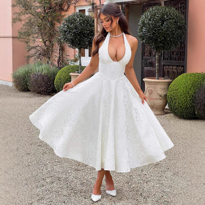 Jacquard Halter Midi Dress - Deep V Corset Waist A-Line Skirt