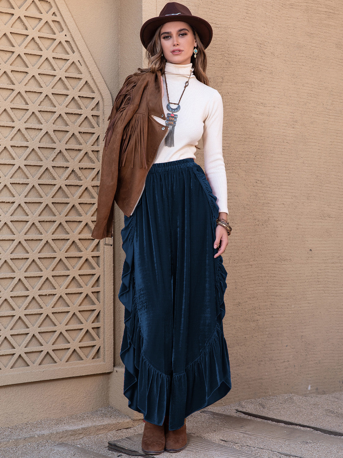Ruffled Wide Leg Pants - Slit Detail Flowy Style