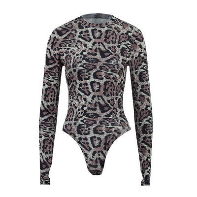 Leopard Print Mesh Top - Long Sleeve Sheer Fitted Bodysuit