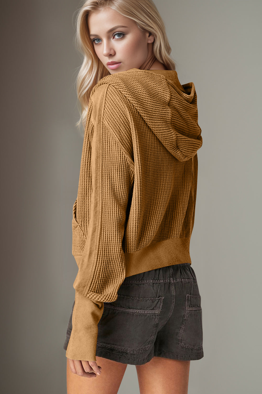 Double Take Waffle-Knit Zip Up Long Sleeve Hooded Jacket - Fashions Envy