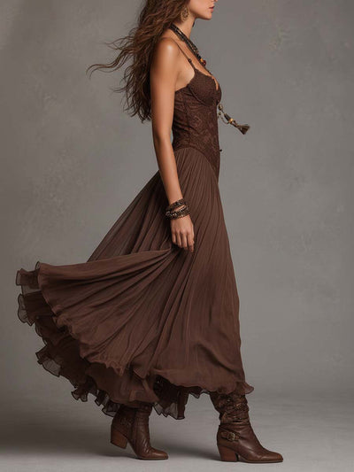 Lace Bodice Flowing Maxi Dress - Thin Straps and Layered Hem