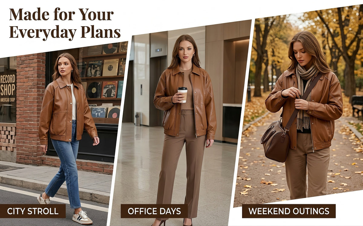 Camel brown oversized faux leather jacket worn over a white top, with snap-front style