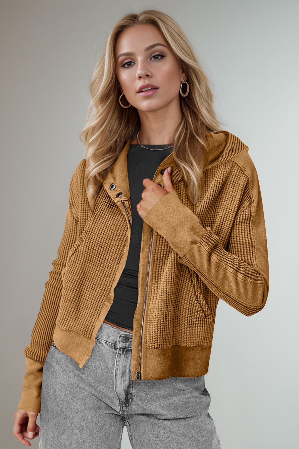 Double Take Waffle-Knit Zip Up Long Sleeve Hooded Jacket - Fashions Envy