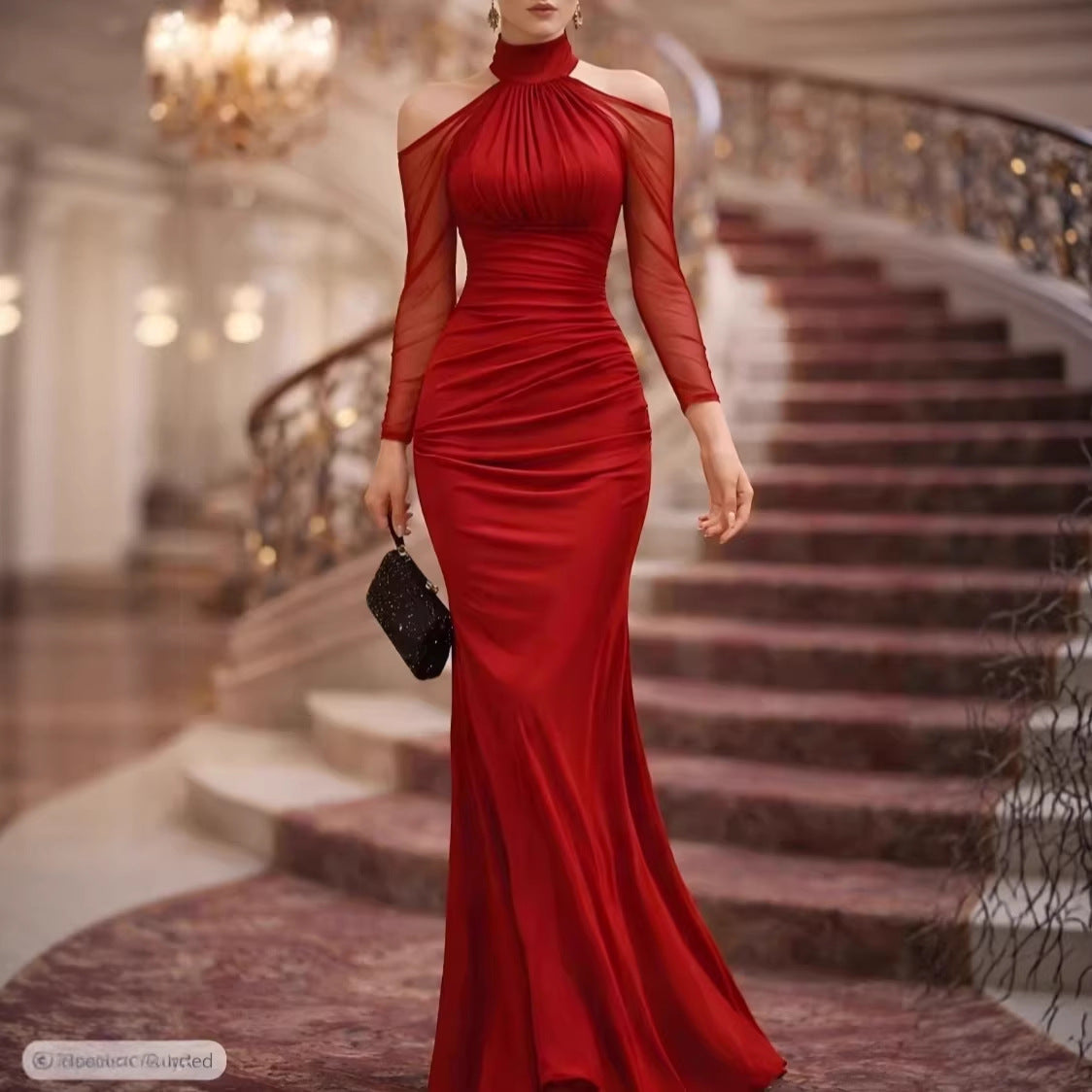 Red sheer long-sleeve evening gown with high neck, ruched bodice and floor-length mermaid