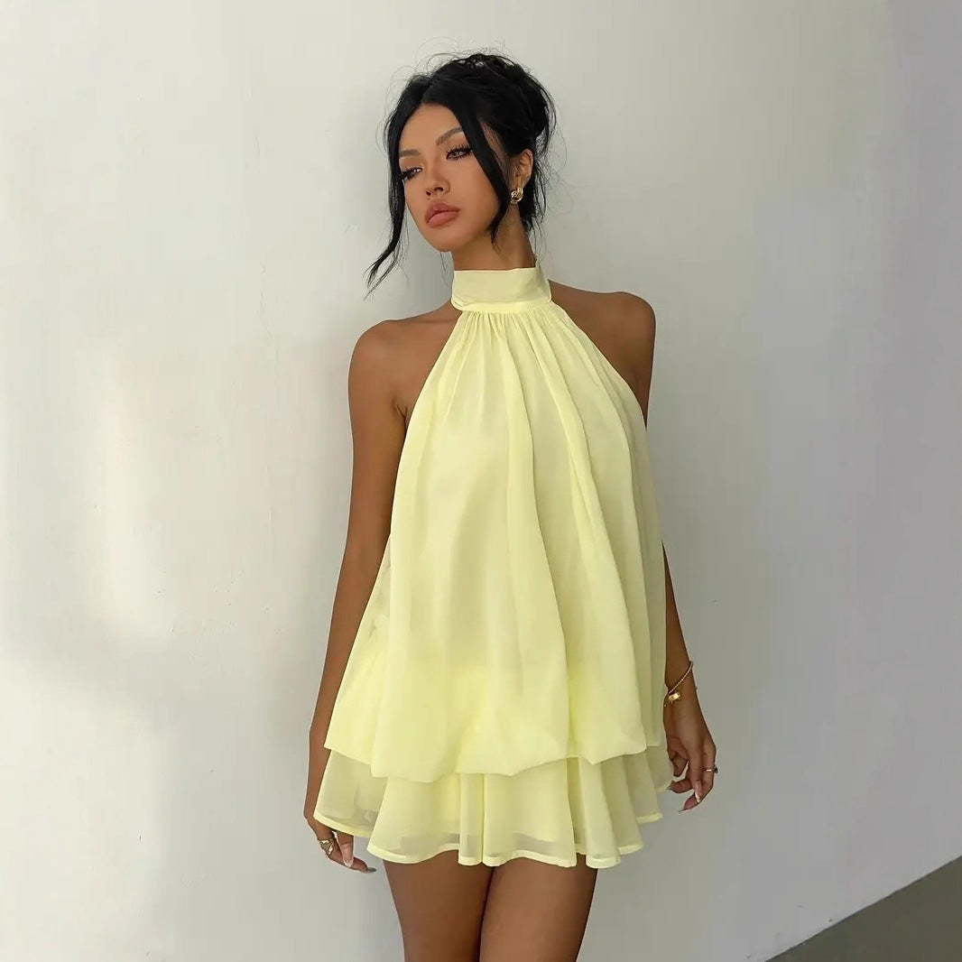 Backless Halter Neck Tiered Mini Dress - Chiffon Vacation Dress