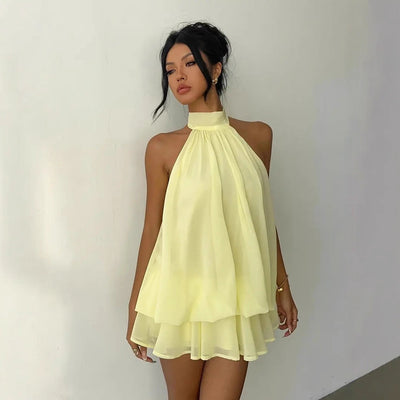 Backless Halter Neck Tiered Mini Dress - Chiffon Vacation Dress