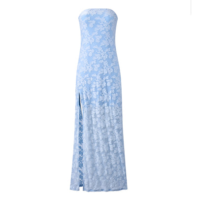 Strapless Backless Maxi Dress - Burnt Floral Blue - Fashions Envy