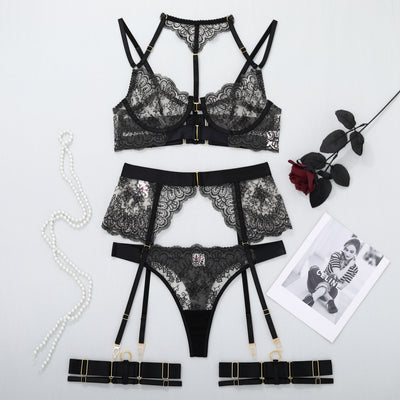 Black lace lingerie set: bra, garter belt, thong, adjustable thigh straps
