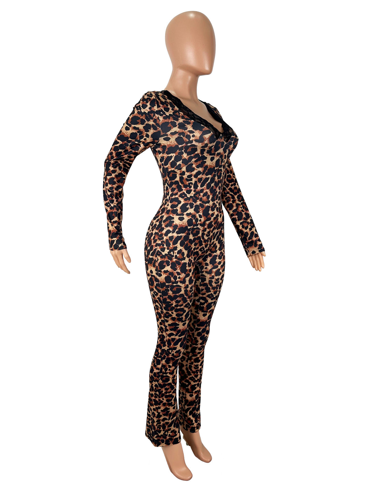 Leopard Lace Trim V-Neck Jumpsuit - Long Sleeve Flare Leg