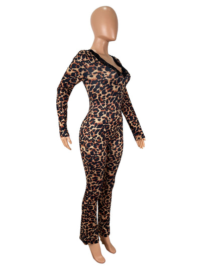Leopard Lace Trim V-Neck Jumpsuit - Long Sleeve Flare Leg